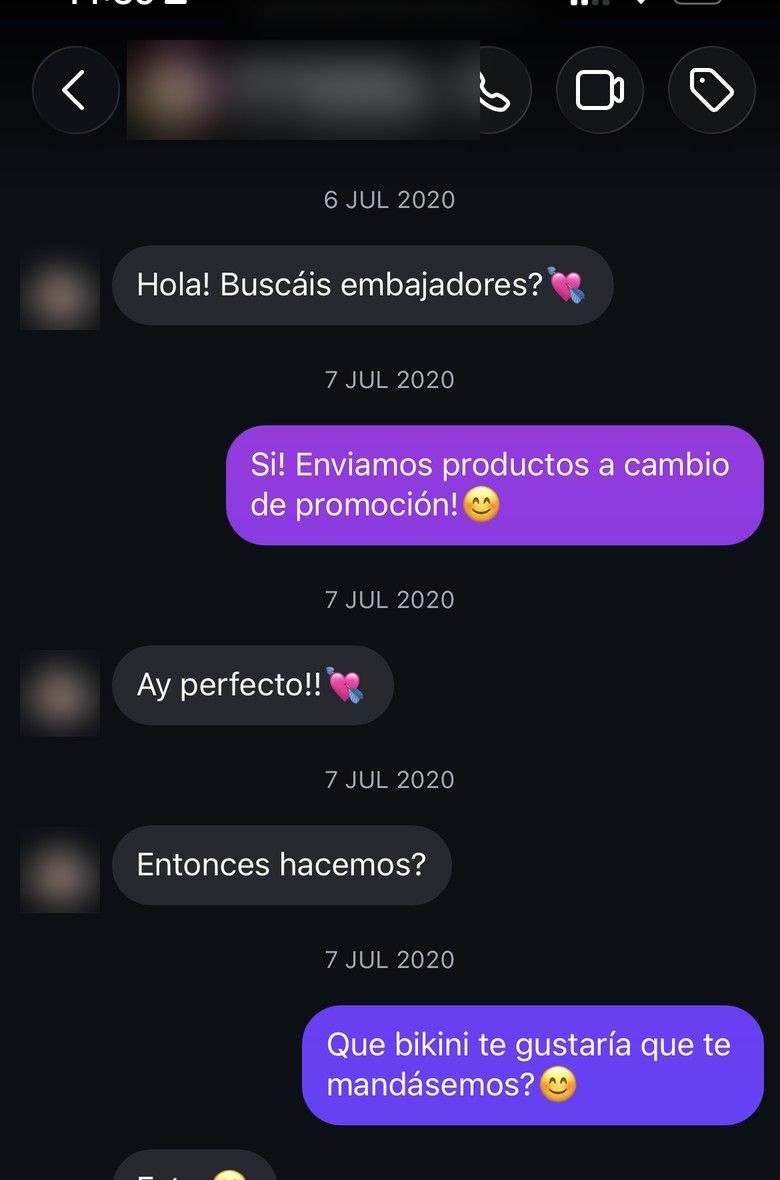 Conversación de Instagram, julio de 2020: una embajadora pregunta si Larry Style busca embajadores y la marca responde que envía productos a cambio de promoción